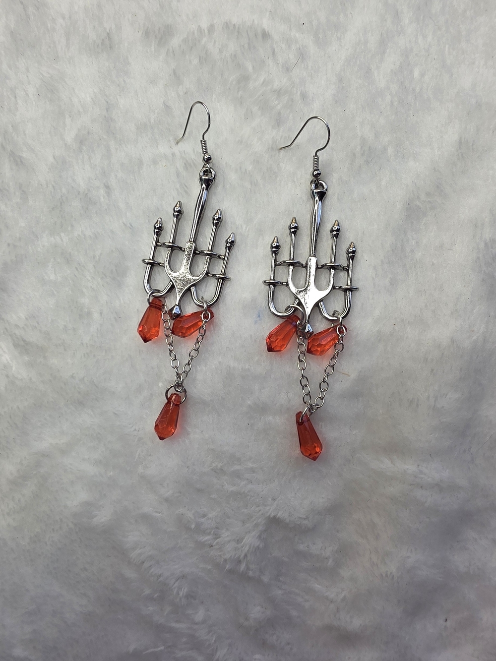 Silver Candelabra Drop Earrings with Red Crystal Pendants